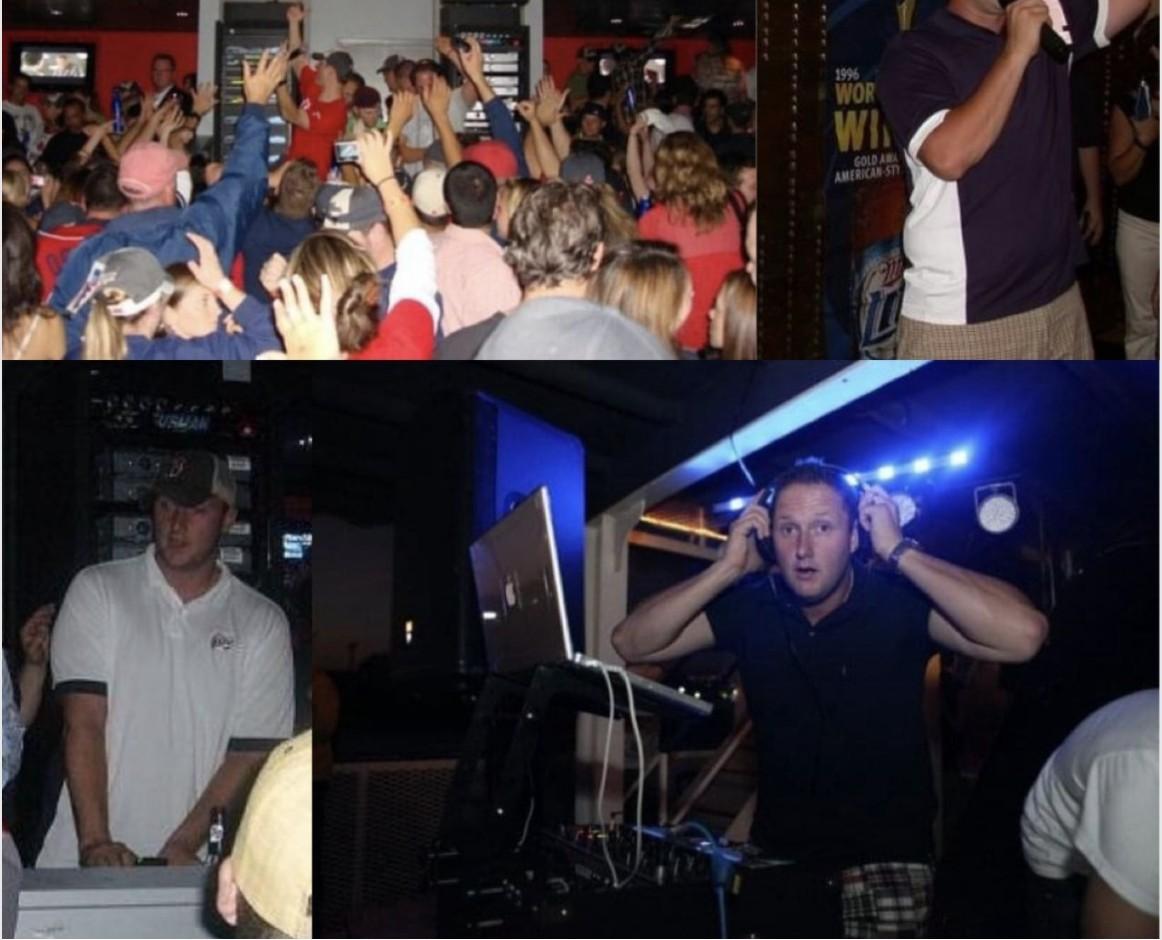Photo collage of a nightclub crowd cheering and Wayne DJing behind a laptop and mixer under blue stage lights.