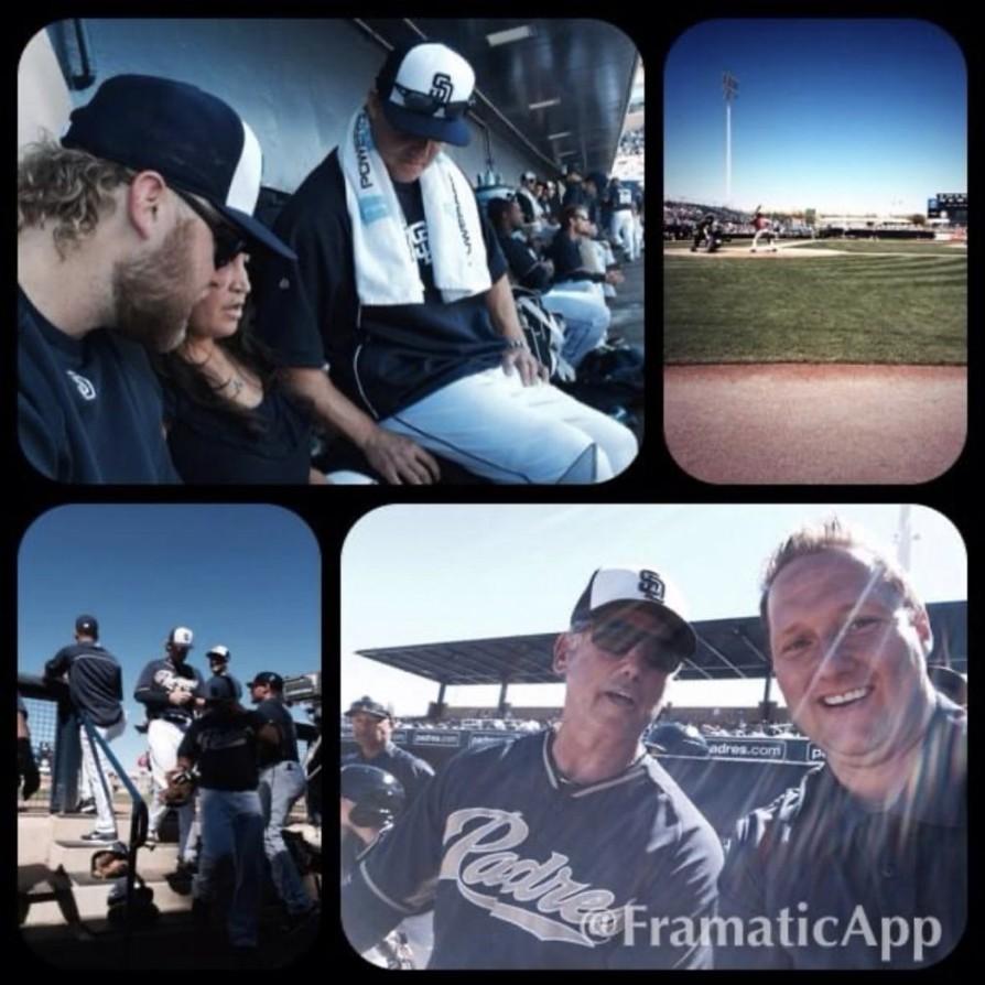 Four-photo collage from Wayne Partello's time with the San Diego Padres: sitting in the dugout during a game, the field at spring training, players on the field, and a selfie with Padres manager Buddy Black.
