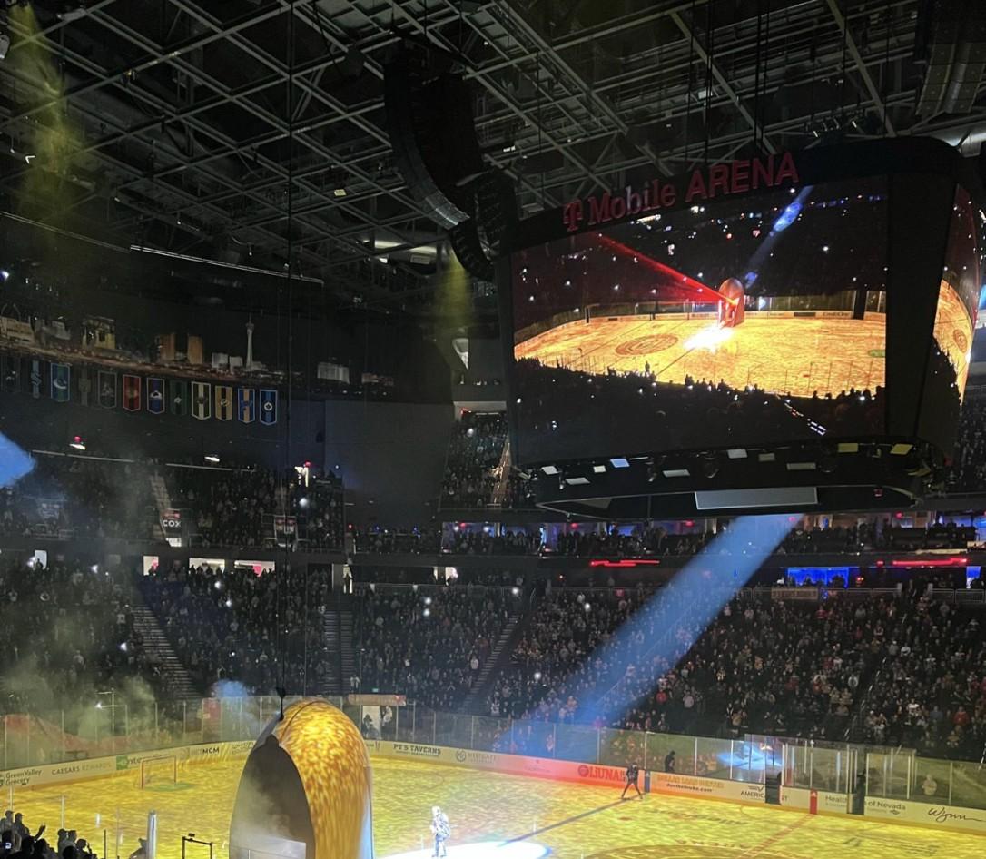 The arena show and crowd at a Vegas Golden Knights game inside T-Mobile Arena.