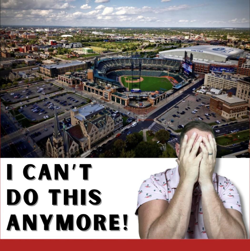 A man in a floral shirt covers his face with both hands above text reading "I can't do this anymore!", over an aerial photo of a baseball stadium.