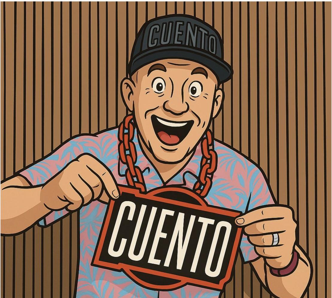 CUENTO's custom cartoon mascot character, wearing a CUENTO cap and floral shirt with gold chains, holding up a sign that reads 'CUENTO'