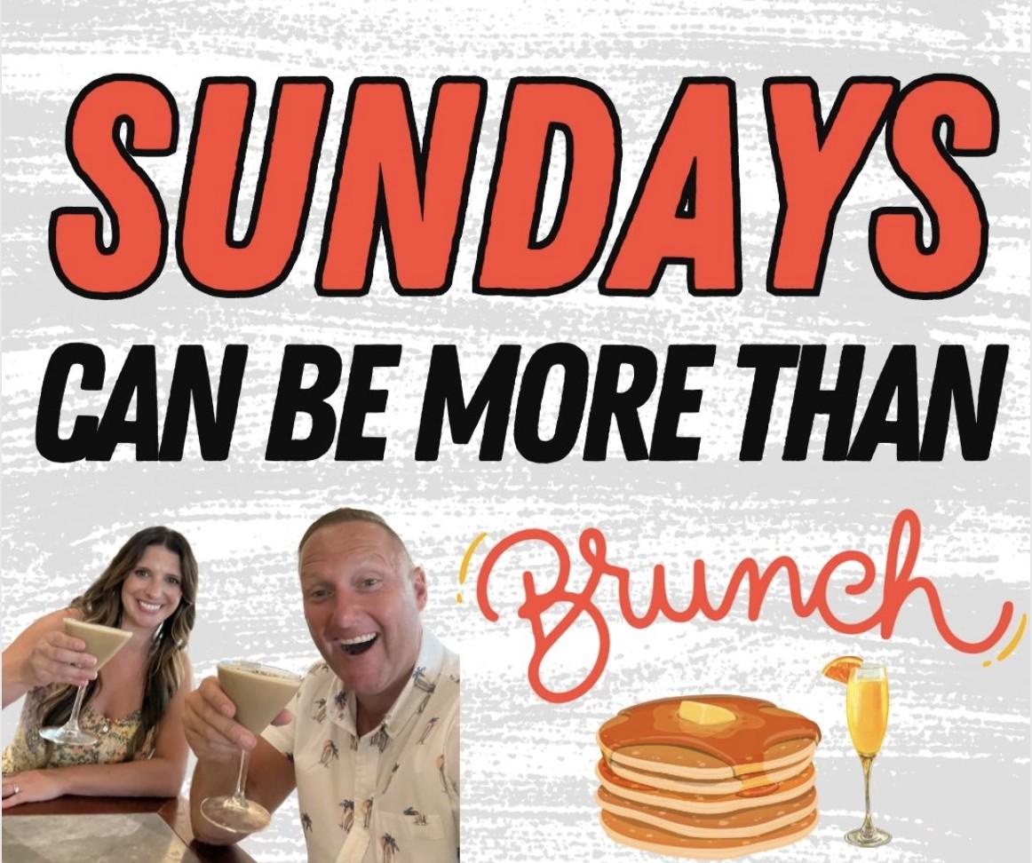 Wayne Partello and his wife toasting with cocktails, in a CUENTO graphic captioned 'Sundays Can Be More Than Brunch'