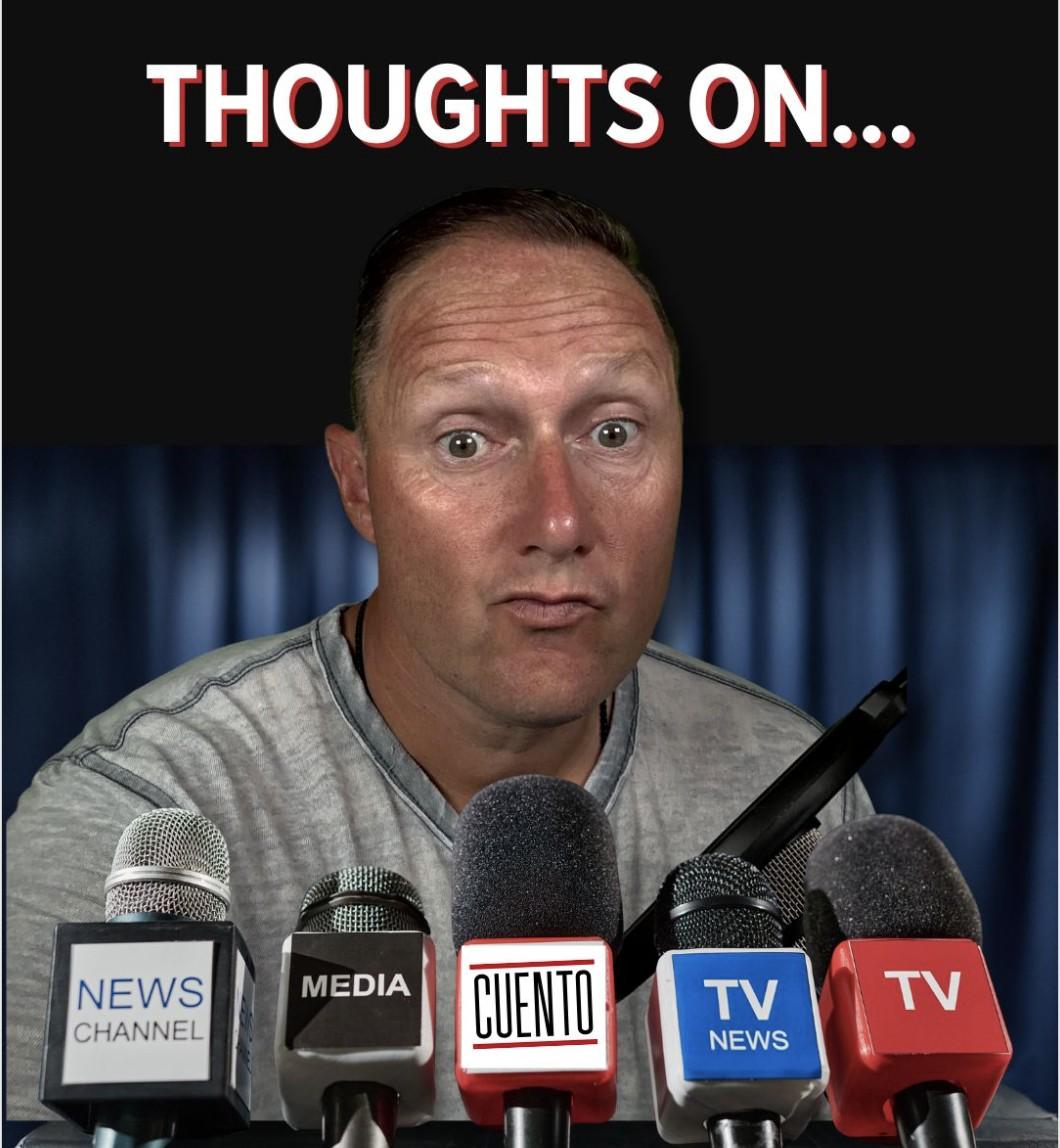 Wayne Partello composited at a press-conference podium with branded microphones labeled NEWS CHANNEL, MEDIA, CUENTO, TV NEWS, and TV, captioned 'What Are Your Thoughts On...'