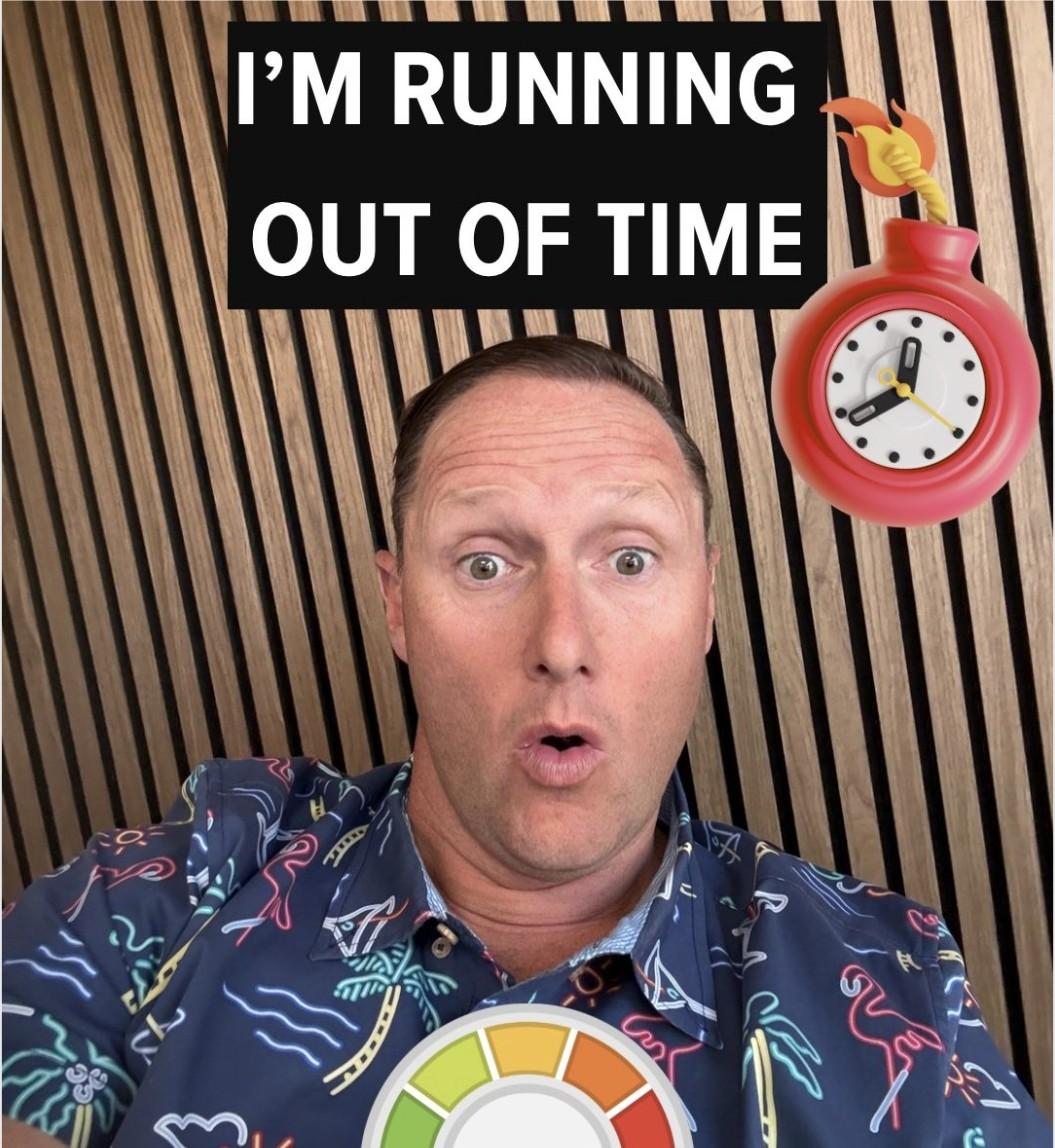Wayne with a shocked expression, captioned 'I'm Running Out of Time' beside a bomb-shaped clock graphic and a 'Stress Level' gauge.