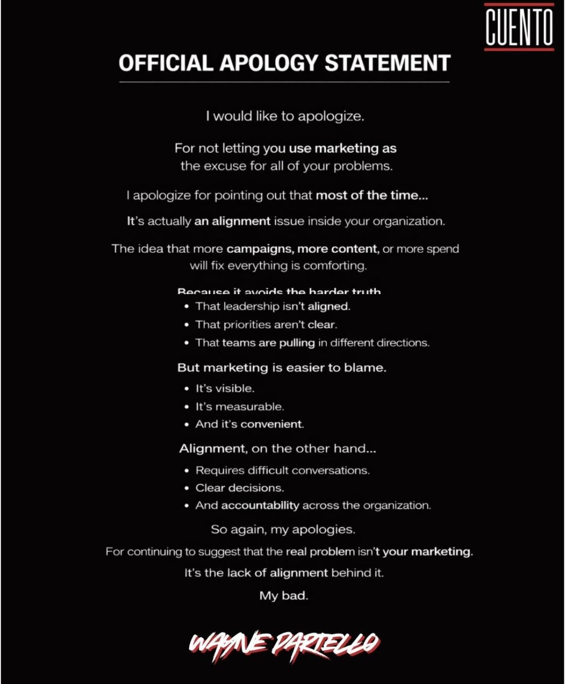CUENTO "Official Apology Statement" text graphic, signed Wayne Partello
