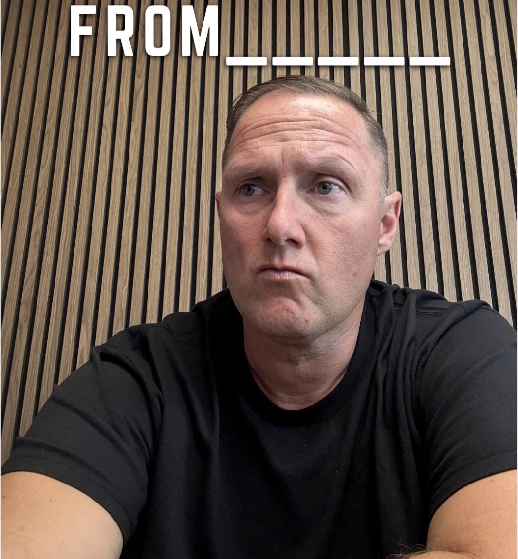 Wayne Partello candid selfie with "FROM ___" text overlay