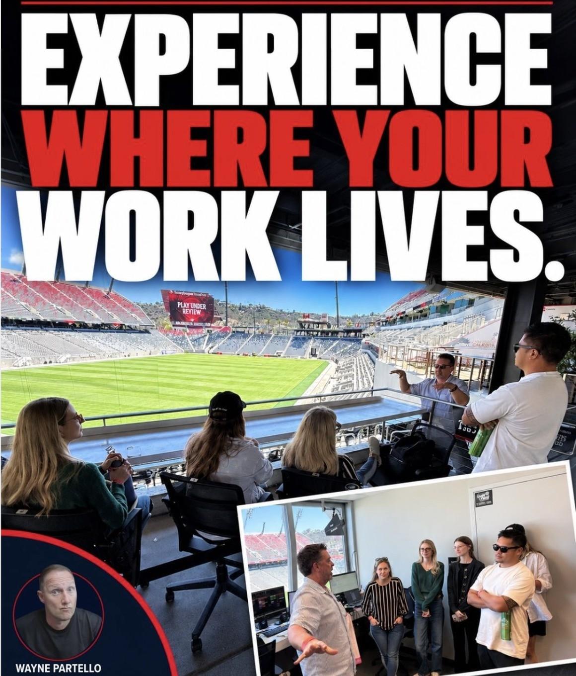 "Experience Where Your Work Lives" graphic with photos of Wayne Partello and the CUENTO Marketing team touring the Snapdragon Stadium control room and suite.
