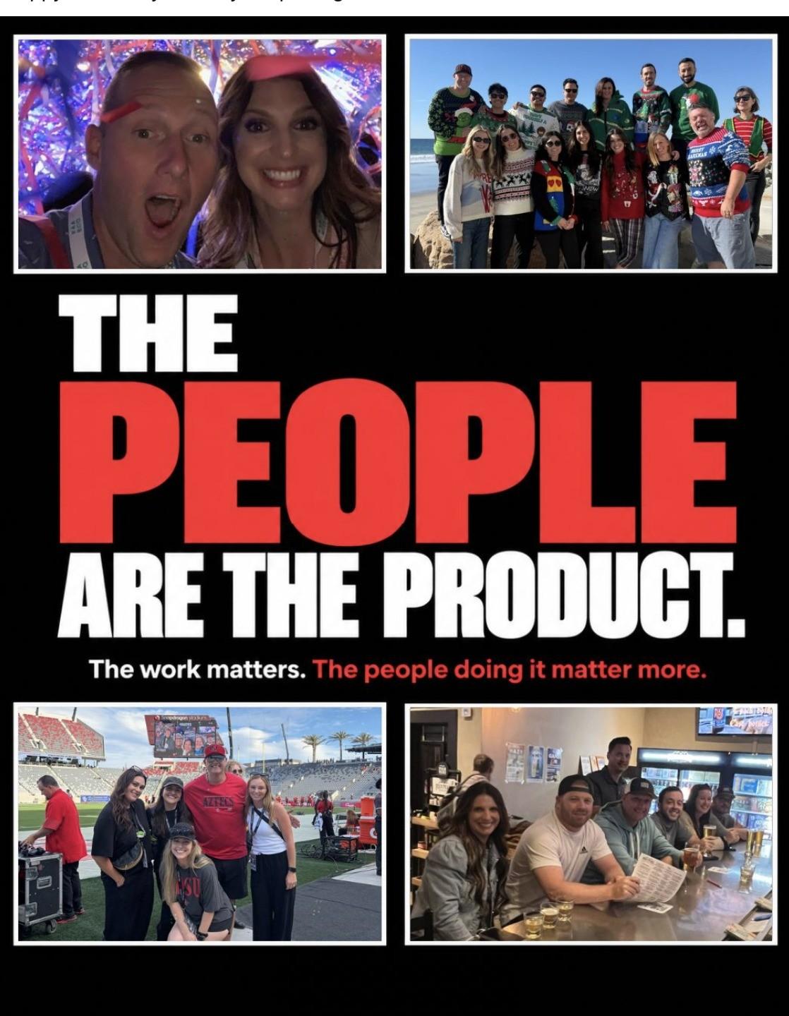 "The People Are the Product" graphic combining Wayne Partello's own event, CUENTO team, and personal photos with the caption "The work matters. The people doing it matter more."