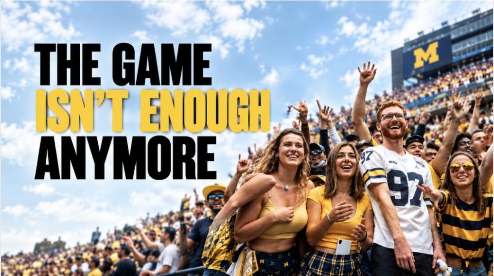 "The Game Isn't Enough Anymore" article cover graphic — a packed college football student section celebrating, with the headline overlaid.