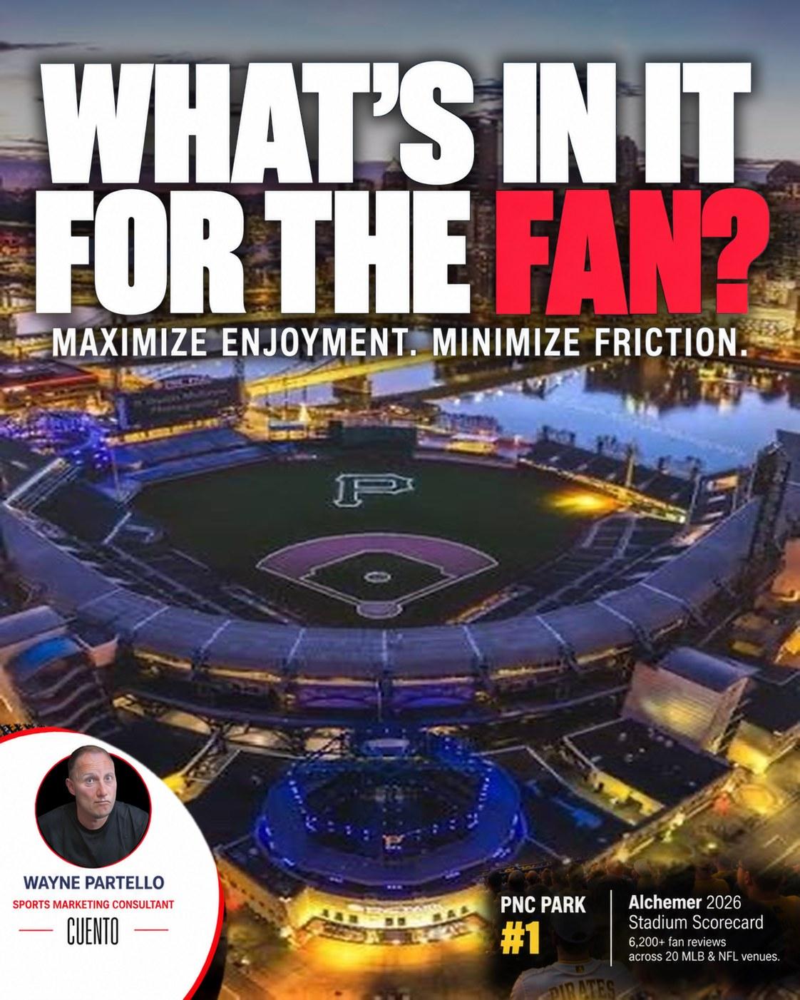 AI-generated visualization (not a photograph) of PNC Park at night from above, with the headline "What's in it for the fan?" and an Alchemer 2026 Stadium Scorecard callout naming PNC Park No. 1.